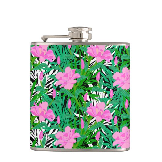 Tropisch patroon met Oerwouden bloemen Heupfles (Voorkant)