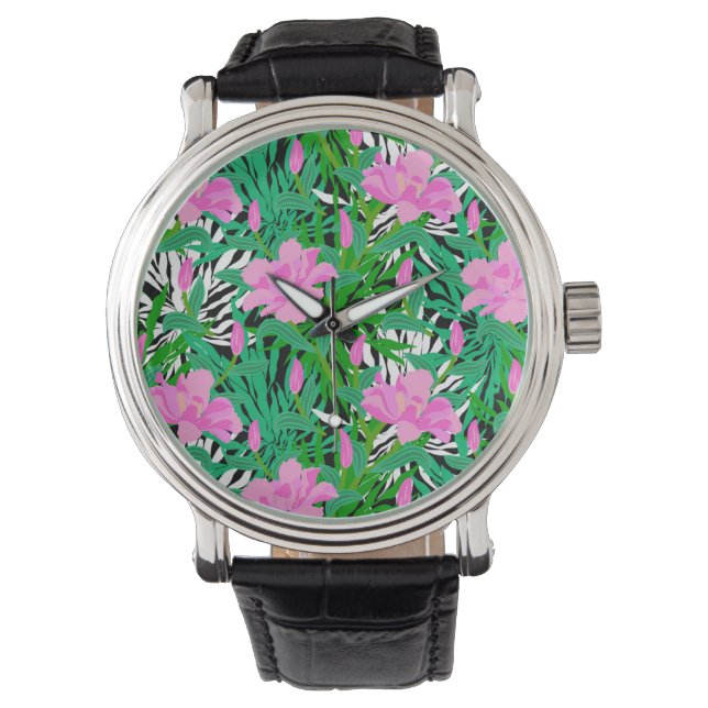 Tropisch patroon met Oerwouden bloemen Horloge (Voorkant)