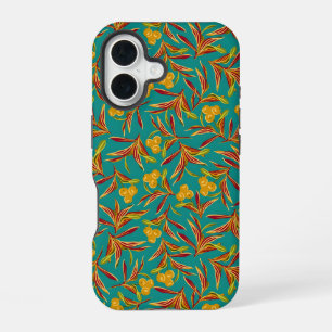 Tropisch patroon met rode en gele bladeren iPhone 16 hoesje