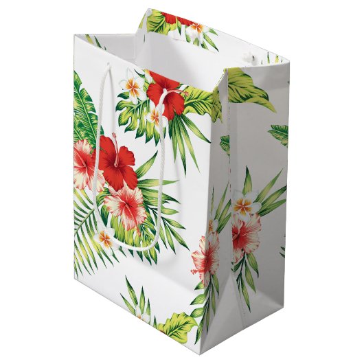 Tropisch patroon rode en witte hibiscus medium cadeauzakje (Voorkant Gekanteld)