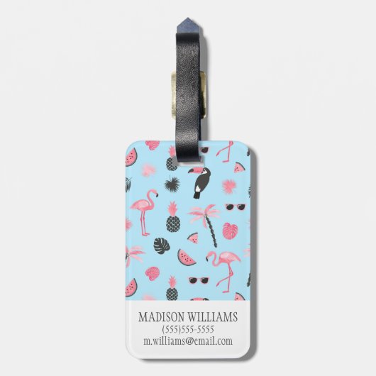 Tropisch patroon roze en blauwe zomer bagagelabel (Achterkant verticaal)