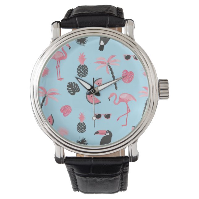 Tropisch patroon roze en blauwe zomer horloge (Voorkant)