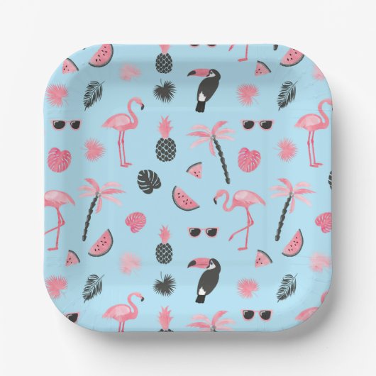 Tropisch patroon roze en blauwe zomer papieren bordje (Voorkant)