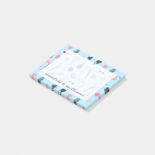 Tropisch patroon roze en blauwe zomer post-it® notes (Schuin)