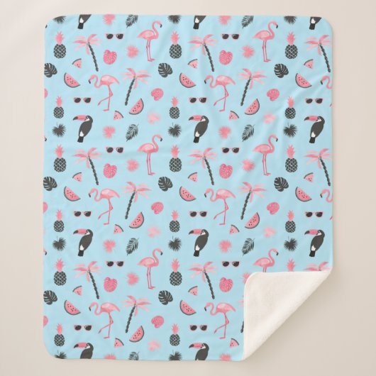 Tropisch patroon roze en blauwe zomer sherpa deken (Voorkant)