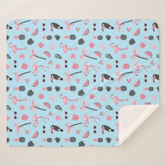 Tropisch patroon roze en blauwe zomer sherpa deken (Voorkant (horizontaal))