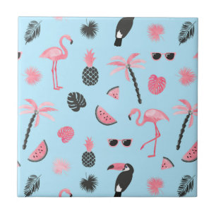 Tropisch patroon roze en blauwe zomer tegeltje