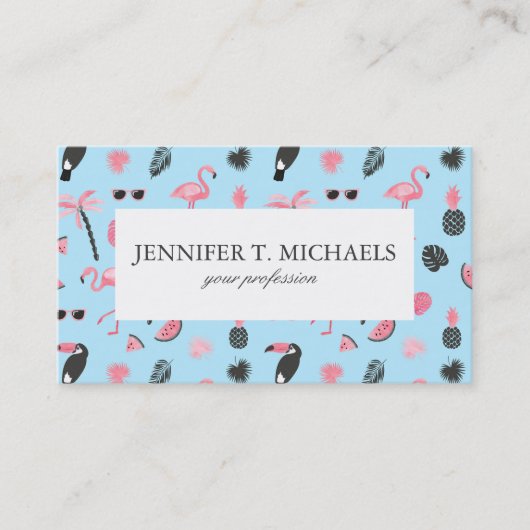 Tropisch patroon roze en blauwe zomer visitekaartje (Voorkant)