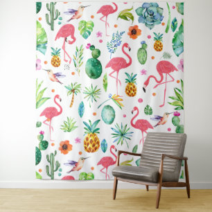 Tropisch patroon roze flamingo's & bloemen wandkleed