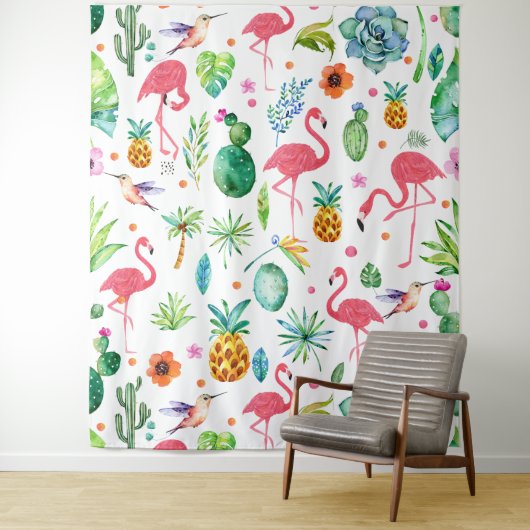 Tropisch patroon roze flamingo's & bloemen wandkleed (In situ)