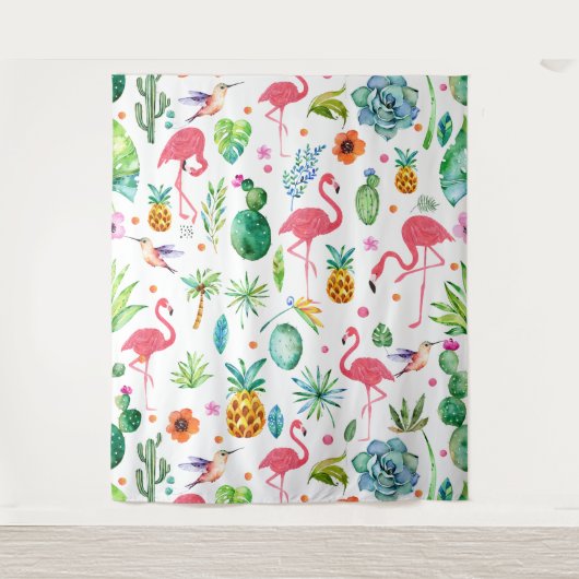 Tropisch patroon roze flamingo's & bloemen wandkleed (Voorkant)