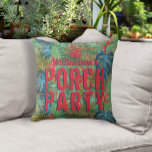 Tropisch patroon van Porch Party Buitenkussen<br><div class="desc">Jouw naam en de woorden "Porch Party" zijn te vinden in een patroon van tropische bloemen en bladeren op het ontwerp van de geweven wilgentechniek op deze buitenzomerse kussens. Punten in onze winkel koppelen.</div>