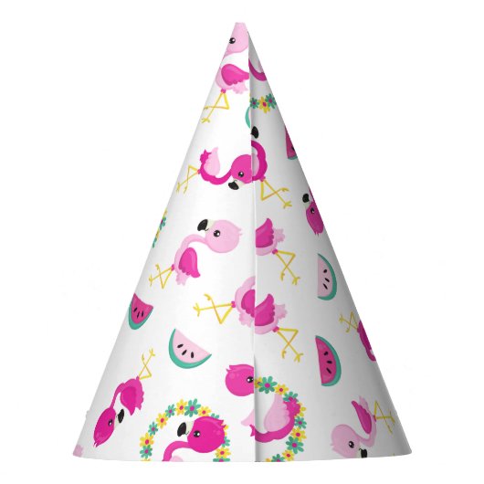 Tropisch patroon, vlamingos, watermeloenen, bloeme feesthoedjes (Achterkant)