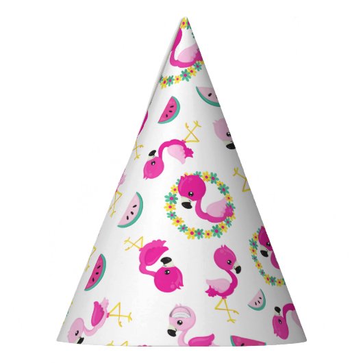 Tropisch patroon, vlamingos, watermeloenen, bloeme feesthoedjes (Links)