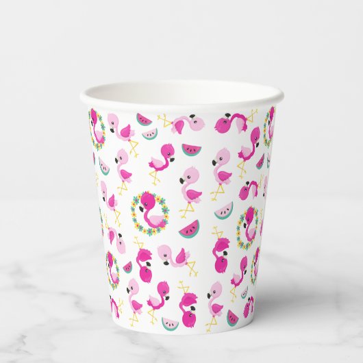 Tropisch patroon, vlamingos, watermeloenen, bloeme papieren bekers (Achterkant)