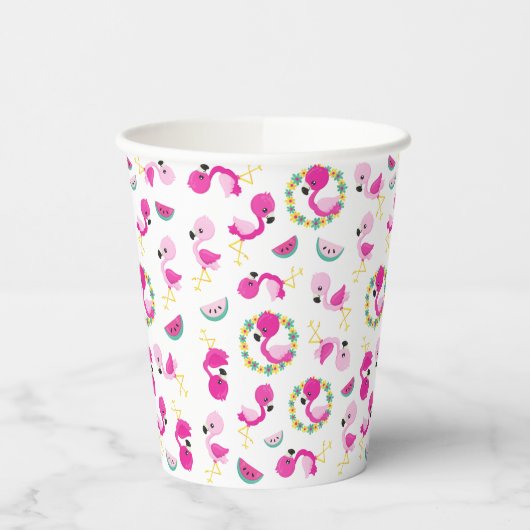 Tropisch patroon, vlamingos, watermeloenen, bloeme papieren bekers (Links)