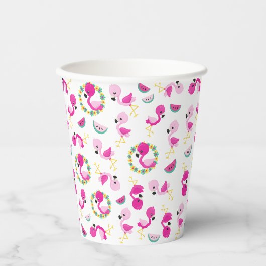 Tropisch patroon, vlamingos, watermeloenen, bloeme papieren bekers (Voorkant)