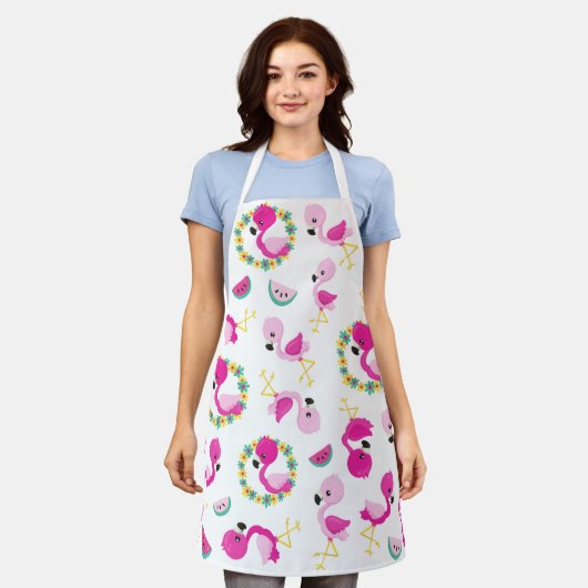 Tropisch patroon, vlamingos, watermeloenen, bloeme schort (Gedragen)