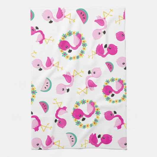 Tropisch patroon, vlamingos, watermeloenen, bloeme theedoek (Verticaal)