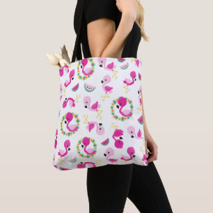 Tropisch patroon, vlamingos, watermeloenen, bloeme tote bag
