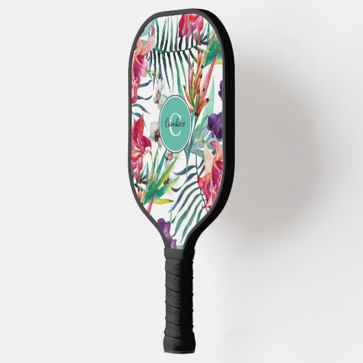 Tropisch patroon voor eilandstijl met monogram pickleball paddle (Links)
