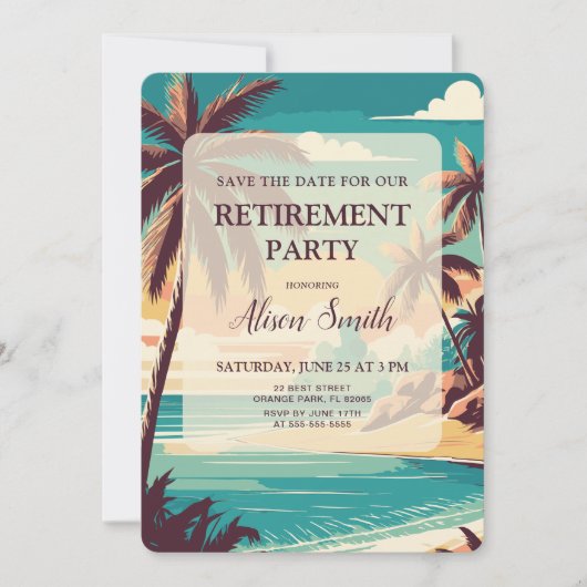 Tropisch pensioenfeest save the date (Voorkant)