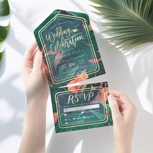 Tropisch Plant met bladerdak Gold Lijst Weddenscha All In One Uitnodiging