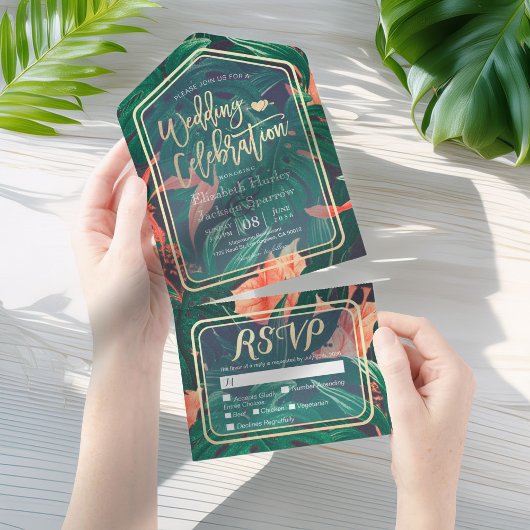 Tropisch Plant met bladerdak Gold Lijst Weddenscha All In One Uitnodiging