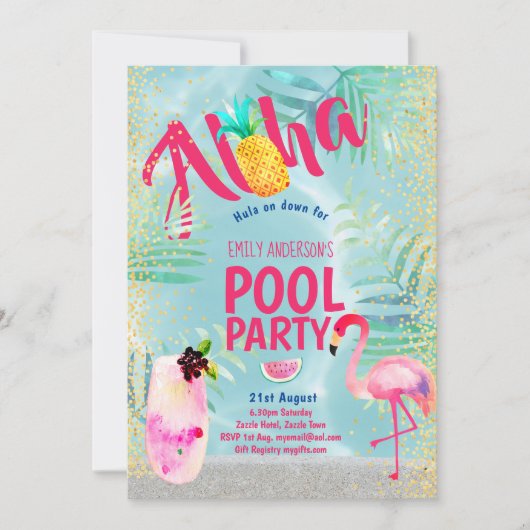 Tropisch POOL FEEST Flamingo  Ananas Aloha Luau Kaart (Voorkant)
