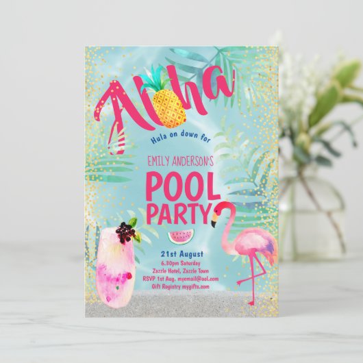 Tropisch POOL FEEST Flamingo  Ananas Aloha Luau Kaart (Staand voorkant)