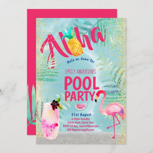 Tropisch POOL FEEST Flamingo  Ananas Aloha Luau Kaart (Voorkant / Achterkant)