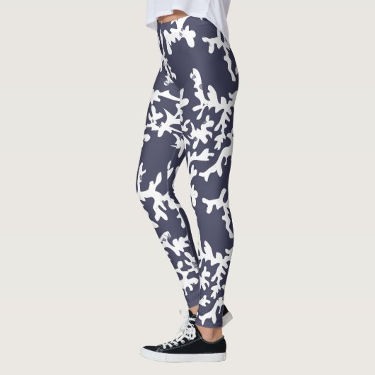 Tropisch Reef Blauw Wit Koraal Print Leggings (Links)