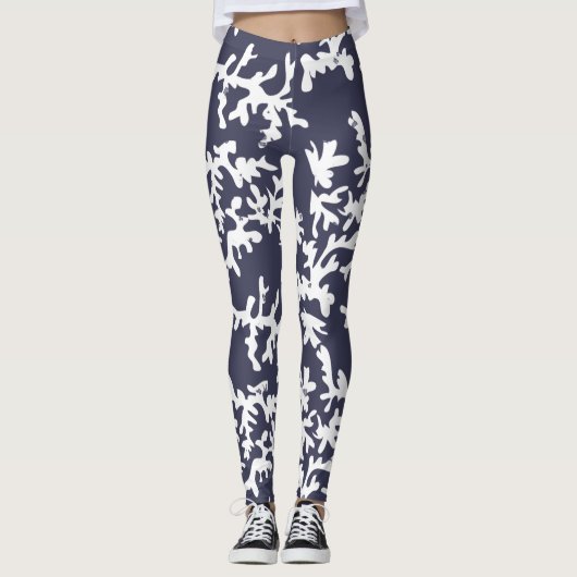 Tropisch Reef Blauw Wit Koraal Print Leggings (Voorkant)