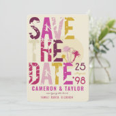 Tropisch-ringroze handpalmen boomstammen Tekstfoto Save The Date (Staand voorkant)