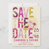 Tropisch-ringroze handpalmen boomstammen Tekstfoto Save The Date (Voorkant)