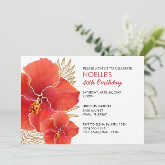 Tropisch Rode Hibiscus en Gold Leaf 40e verjaardag Kaart (Staand voorkant)