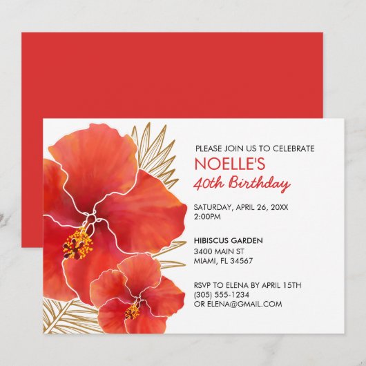 Tropisch Rode Hibiscus en Gold Leaf 40e verjaardag Kaart (Voorkant / Achterkant)