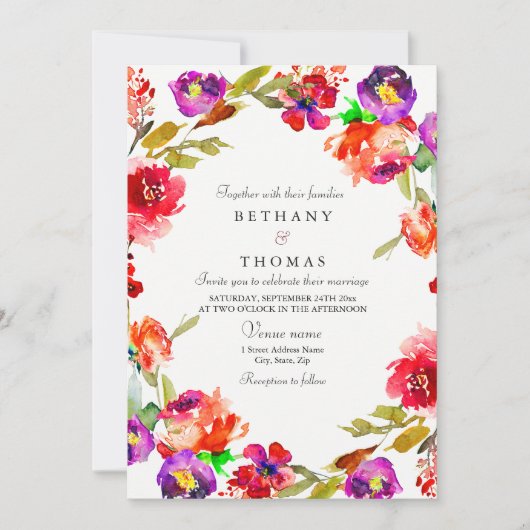 Tropisch Rood en Paars Floral Wedding Invite Kaart (Voorkant)