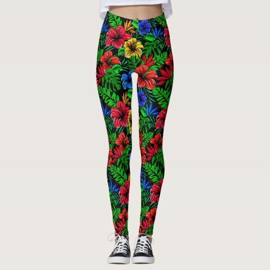 Tropisch rood geel blauw hibiscus leggings (Voorkant)