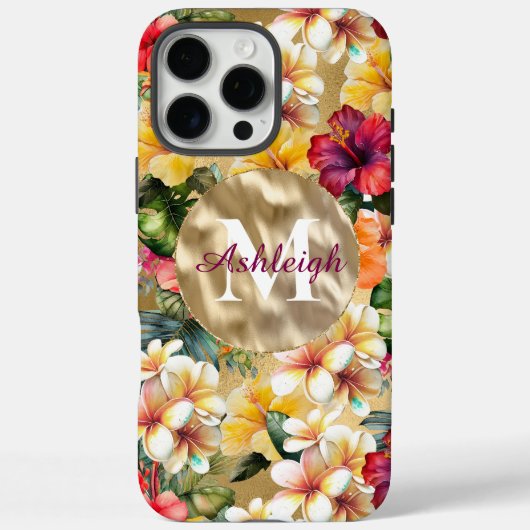 Tropisch rood gele hibiscus bloemen monogram Case-Mate iPhone case (Achterkant)