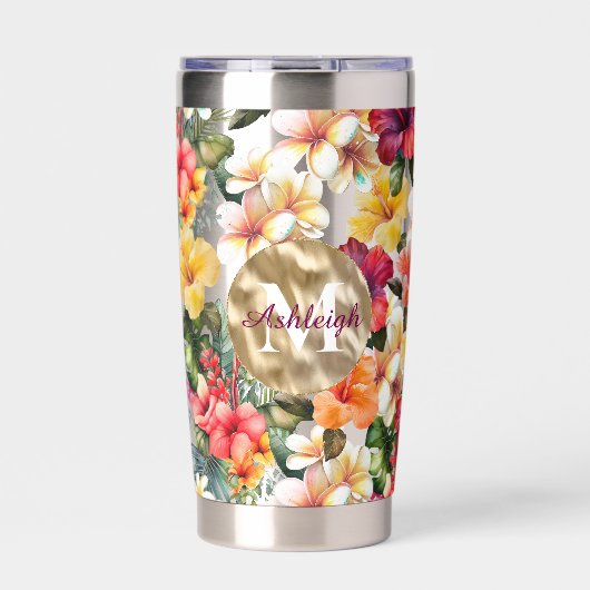 Tropisch rood gele hibiscus bloemen monogram geïsoleerde drinkbeker (Voorkant)