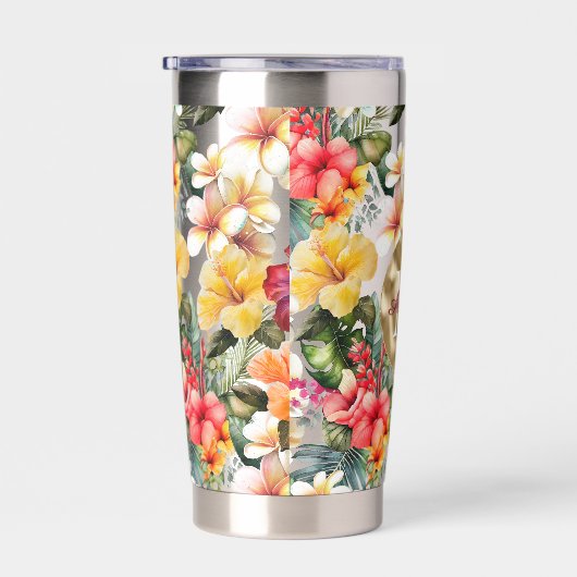 Tropisch rood gele hibiscus bloemen monogram geïsoleerde drinkbeker (Rechts)