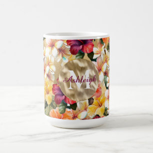 Tropisch rood gele hibiscus bloemen monogram koffiemok