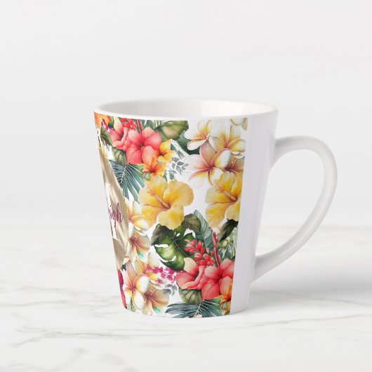 Tropisch rood gele hibiscus bloemen monogram latte mok (Rechts)