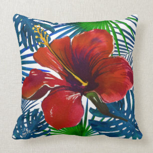 Tropisch Rood Hibiscus Floral Blauwgroen Greenery  Kussen
