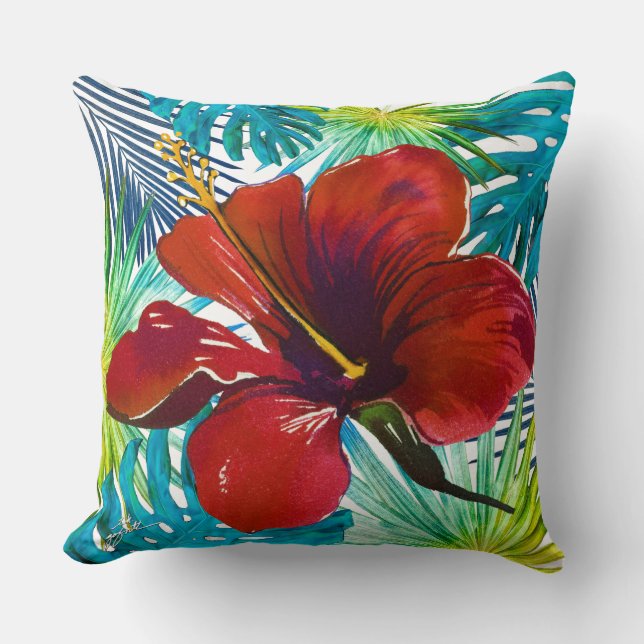 Tropisch Rood Hibiscus Floral Blauwgroen Greenery  Kussen (Voorkant)
