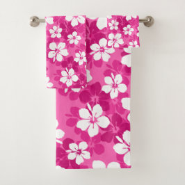 Tropisch rood Violet White Hibiscus Flower Pattern Bad Handdoek