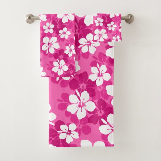 Tropisch rood Violet White Hibiscus Flower Pattern Bad Handdoek (Insitu)