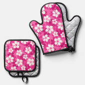 Tropisch rood Violet White Hibiscus Flower Pattern Ovenwant & Pannenlap Set (Voorkant / Achterkant)