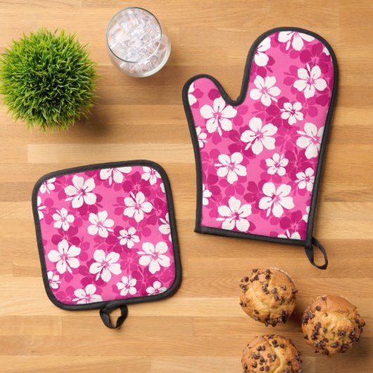 Tropisch rood Violet White Hibiscus Flower Pattern Ovenwant & Pannenlap Set (Top down)